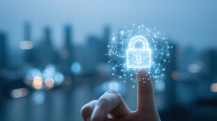 Digital Security Concept: Finger Touching Holographic Padlock Icon with Cityscape Background for Cybersecurity