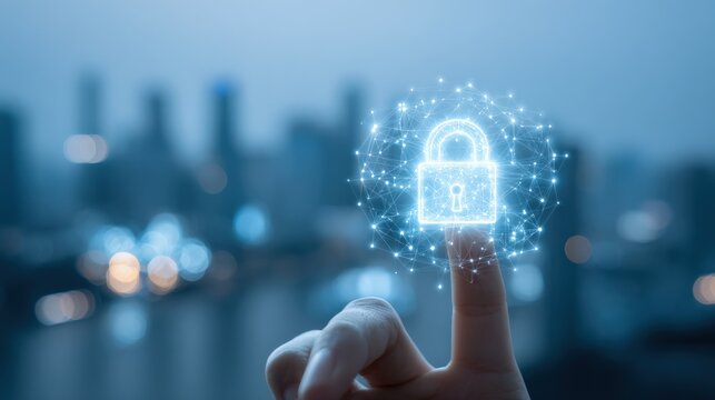 Digital Security Concept: Finger Touching Holographic Padlock Icon with Cityscape Background for Cybersecurity - Powered by Adobe