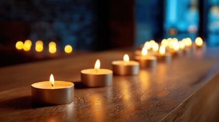 Atmospheric Candlelight: Row of Tealight Candles on Wooden Surface Creating Warm, Relaxing Ambiance