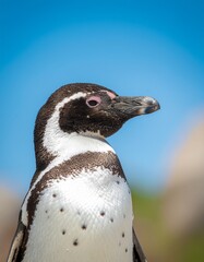 Cute arctic penguin bird portrait on blue sky background. 