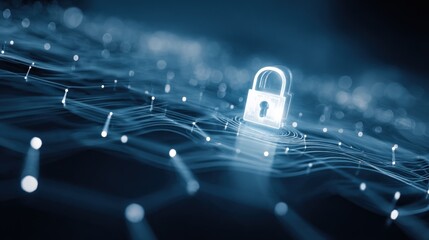 Padlock icon with digital binary code network for data protection and security
