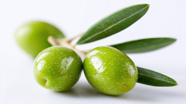 Fresh Green Olives on a Twig with Leaves, Food Ingredient Close-up