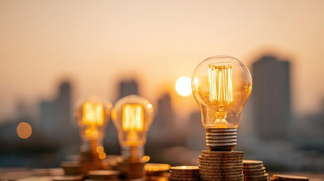 Innovative Ideas: Light Bulbs on Coins at Sunset Representing Financial Investment and Creative Business Solutions