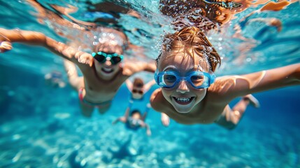 Naklejka premium A young boy and his family enjoy underwater swimming together in a pool during summer vacation