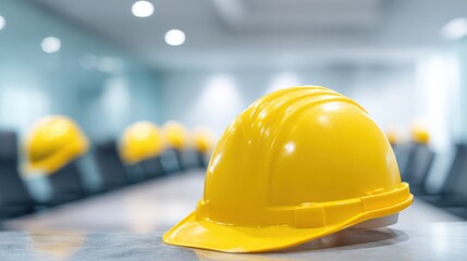 Yellow hard hat on conference table symbolizes construction industry safety and project management