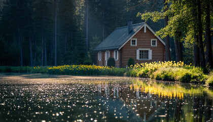 Peaceful lakeside cabin nestled amidst lush green forest with sunlight filtering through the trees