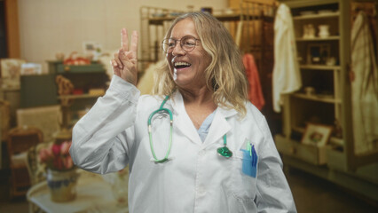 Senior woman doctor in white lab coat with stethoscope shows peace sign with both hands in studio;...