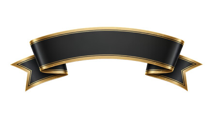 Premium black satin ribbon banner with a golden metallic trim, an elegant curved element for design isolated on transparent background