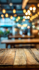 Table en bois dans un caf&eacute; avec un flou d'arri&egrave;re-plan sur des lumi&egrave;res.