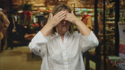 Fototapeta premium Woman in white blouse covers face with hand gesture in shop building among racks of garments; refusal.