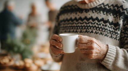 Elderly man in holiday sweater holding a cup of coffee at a festive gathering  