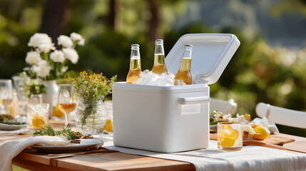 Picnic table with cooler and beverages surrounded by greenery  