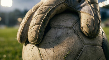 Goalkeeper's Gritty Grip on a Worn Soccer Ball
