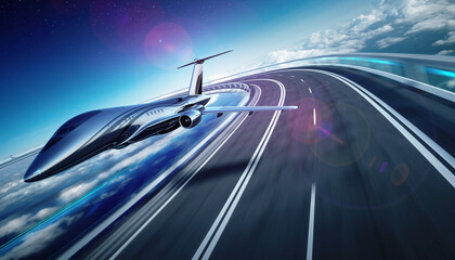 Futuristic jet aircraft in dynamic flight above a winding elevated highway, symbolizing advanced transportation technology and the future of rapid global mobility