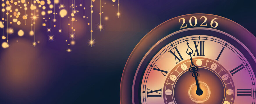 Elegant clock face showing almost midnight with 2026 above against a bokeh lights background for New Years Eve celebrations