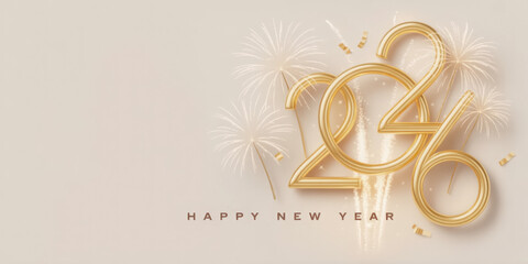 Elegant golden 2026 New Year design featuring fireworks and confetti perfect for festive greeting cards and holiday promotions