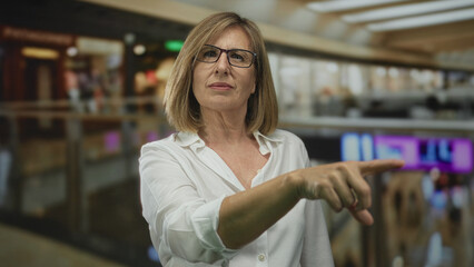 Middle aged blonde woman wearing glasses points finger confidently down building hallway; determination.