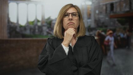 Woman judge in robe with hand on chin in sunlit roman ruins building; thoughtful pondering doubt...