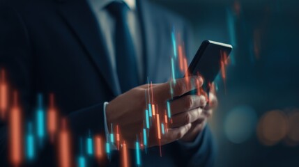 Investor Analyzing Stock Market Data on Mobile Device, Wearing Business Suit and Tie, Financial Growth
