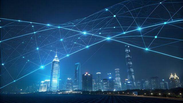 Futuristic cityscape with digital network overlay