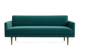 Teal modern three-seater sofa with wooden legs providing comfort and style, furniture for living room interior design concept