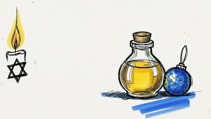 Hanukkah candle, oil bottle, and blue decoration on white background  with space for text