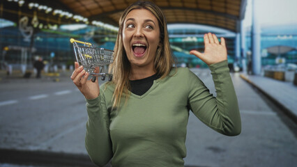 Young blonde woman holding tiny shopping cart and giving thumbs up outside airport terminal building  playful travel joy. © Krakenimages.com