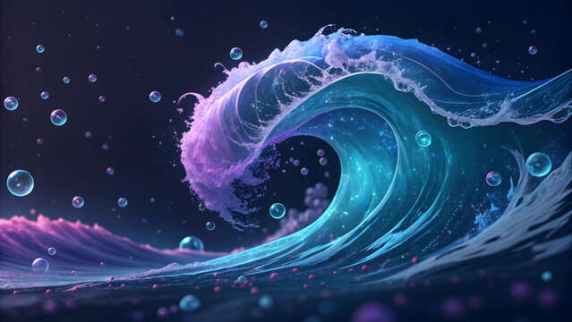 Vibrant neon wave crashing with bubbles in dark water - Powered by Adobe