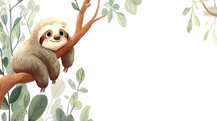 Naklejka premium Cartoon Sloth Hanging on a Tree Branch with Leaves animal cute Photo