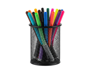 New colorful felt-tip pens in a black wire mesh holder on a transparent background with ample copy space. Concept for creativity and educational supplies
