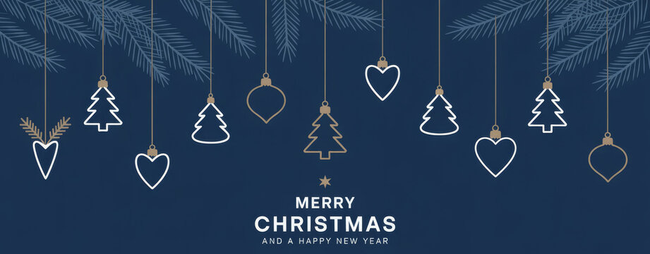 Elegant Christmas ornaments hanging minimalist line art design on a dark blue background perfect for holiday greeting cards and festive designs - Powered by Adobe