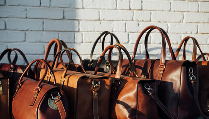 A collection of luxurious leather bags displayed against a rustic brick wall, showcasing artisanal craftsmanship and sophisticated style