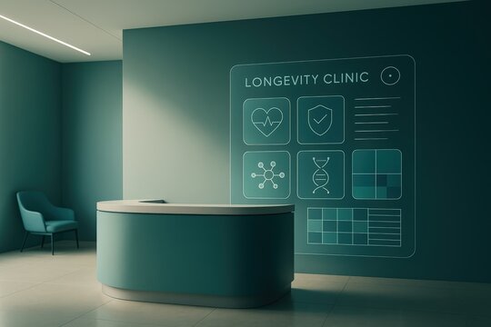 Modern longevity clinic interior featuring technological health monitoring designs in calming teal hues reflecting a future focused approach to wellness and preventive healthcare