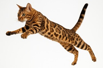 Leaping Bengal Cat Isolated on White Background, Agile Feline Action Shot