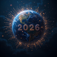 Earth celebrates the arrival of the year 2026 with brilliant golden fireworks exploding in the dark night sky