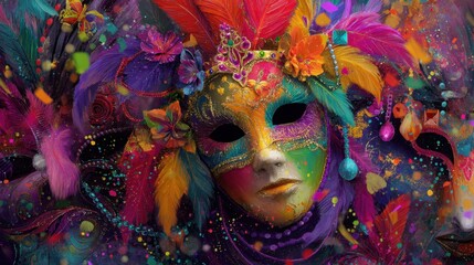 A detailed mask adorned with bright feathers and flowers captures attention at a lively festival. The colorful patterns create a festive mood as people celebrate joyfully.