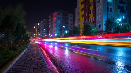 Obraz premium City Street at Night with Colorful Light Trails and Reflections long stock Photo