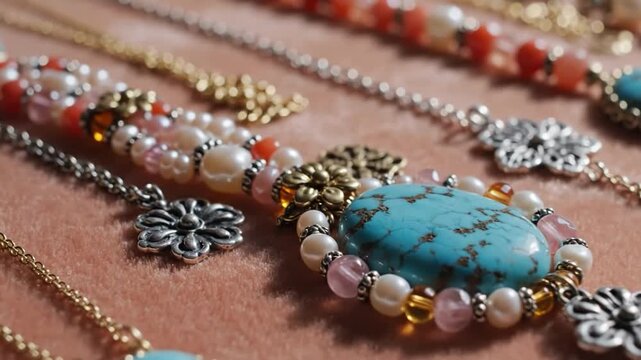 Closeup view of various beaded and chain necklaces on velvet