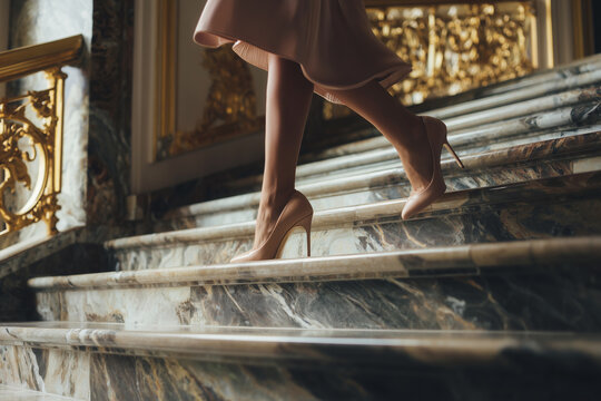 A woman in a pink dress is walking up a set of marble stairs