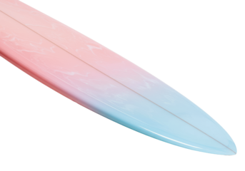 Sleek, modern surfboard with a glossy pink-to-blue iridescent pastel gradient, resting on fine beige silica sand on a transparent background. Concept for luxury beach sports advertising