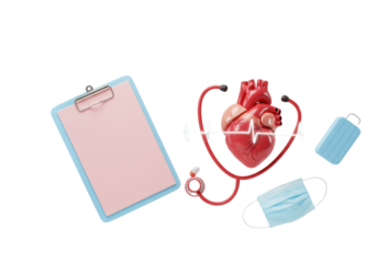 Medical supplies with an anatomical heart, ecg line, and stethoscope levitating on a white background with copy space. Concept of healthcare and technology