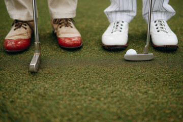 Two people are standing on a green field with a golf ball and a golf club