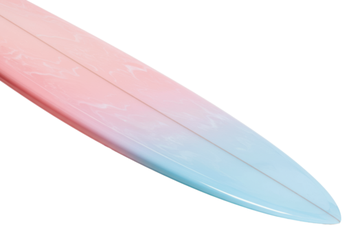 Sleek, modern surfboard with a glossy pink-to-blue iridescent pastel gradient, resting on fine beige silica sand on a transparent background. Concept for luxury beach sports advertising - Powered by Adobe