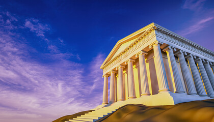 Majestic classical temple stands illuminated by the golden glow of a breathtaking sunrise, a timeless symbol of ancient architecture and historical grandeur under a vibrant sky