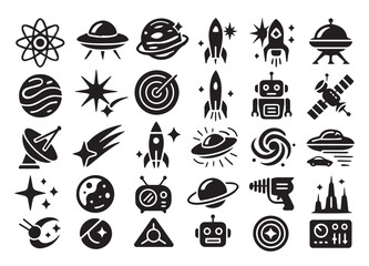 Fototapeta premium Retro Futuristic Shape Icon Set. Space, Sci-Fi, and Technology Symbols. Atom, UFO, Diamond, Galaxy, and Robot.
