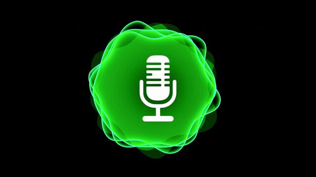 Animated voice assistant icon with white microphone symbol centered on a green circular badge surrounded by pulsing soundwave rings responding to audio frequency on black background