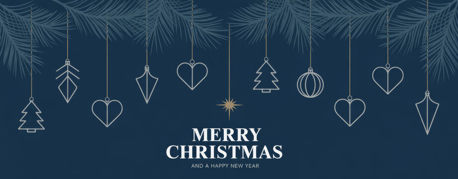 Elegant Christmas background with hanging ornaments and pine branches minimalist vector design for holiday greetings and invitations