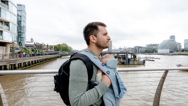 Father and baby exploring London for a family day out