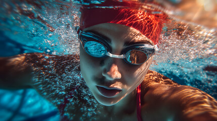 Femme nageant sous l'eau dans une piscine pendant une s&eacute;ance d'entra&icirc;nement de natation.