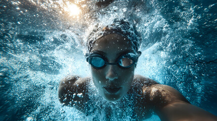 Une femme nage sous l'eau pendant une comp&eacute;tition dans une piscine.